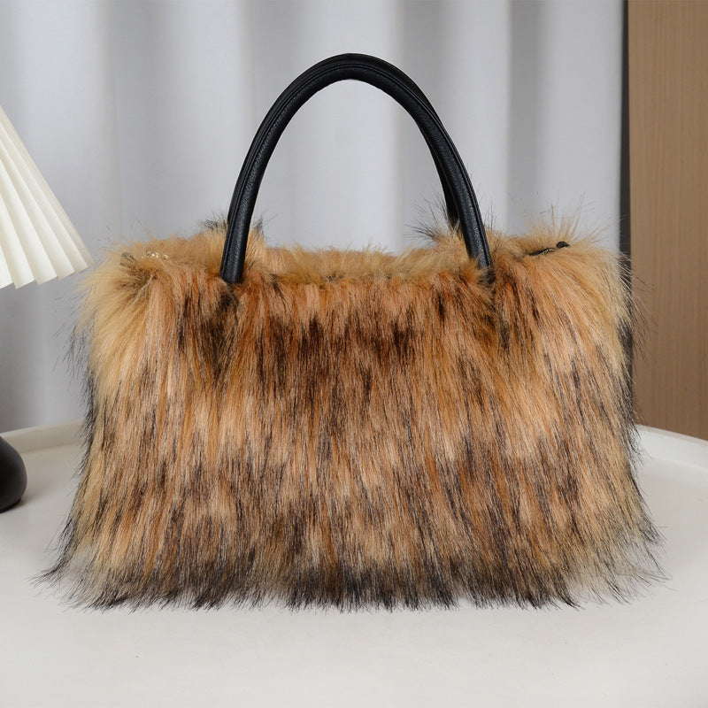 Fluffy Faux Fur Top Handle Shoulder Bag - Brown