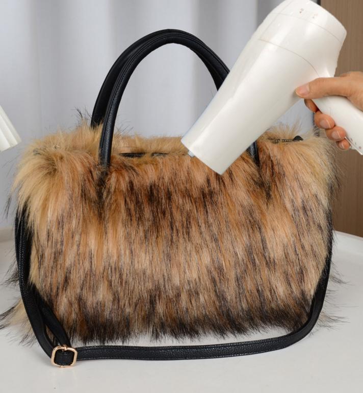 Fluffy Faux Fur Top Handle Shoulder Bag - Brown - 1