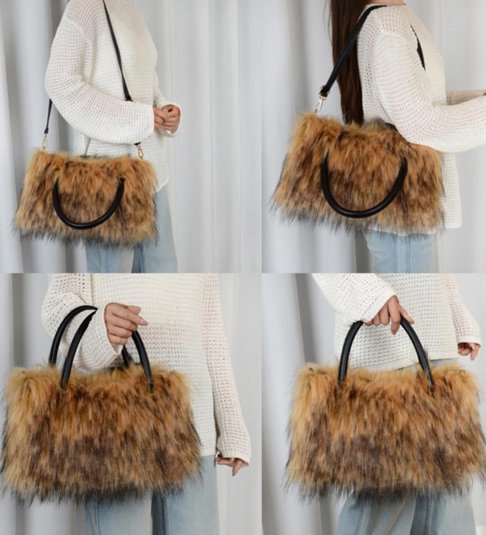 Fluffy Faux Fur Top Handle Shoulder Bag - Brown - 2
