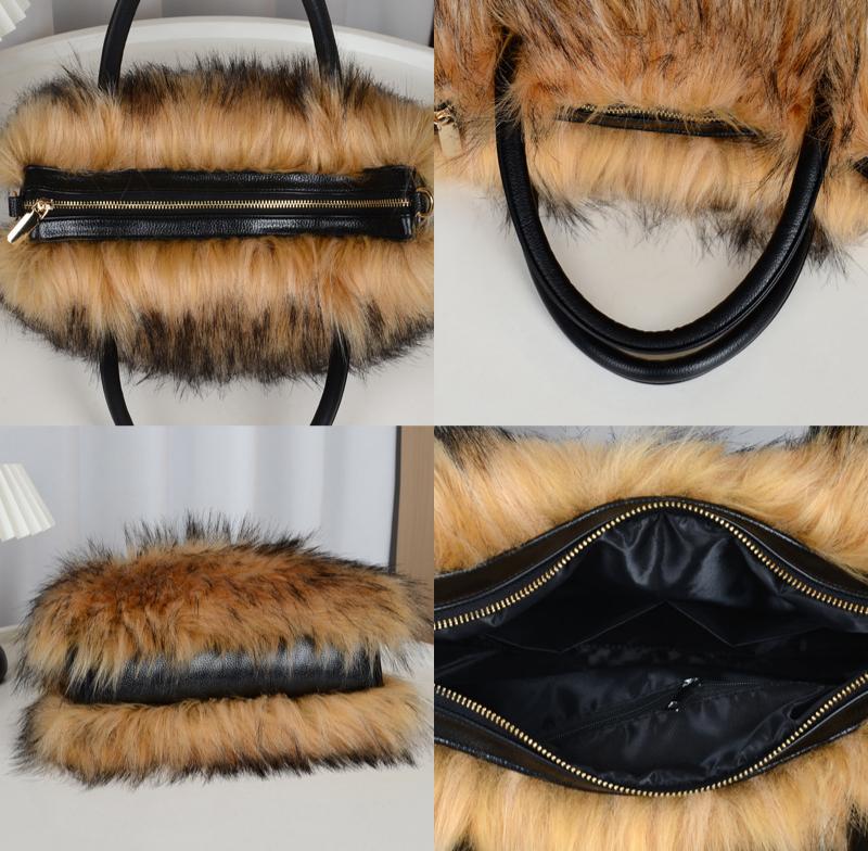 Fluffy Faux Fur Top Handle Shoulder Bag - Brown - 3