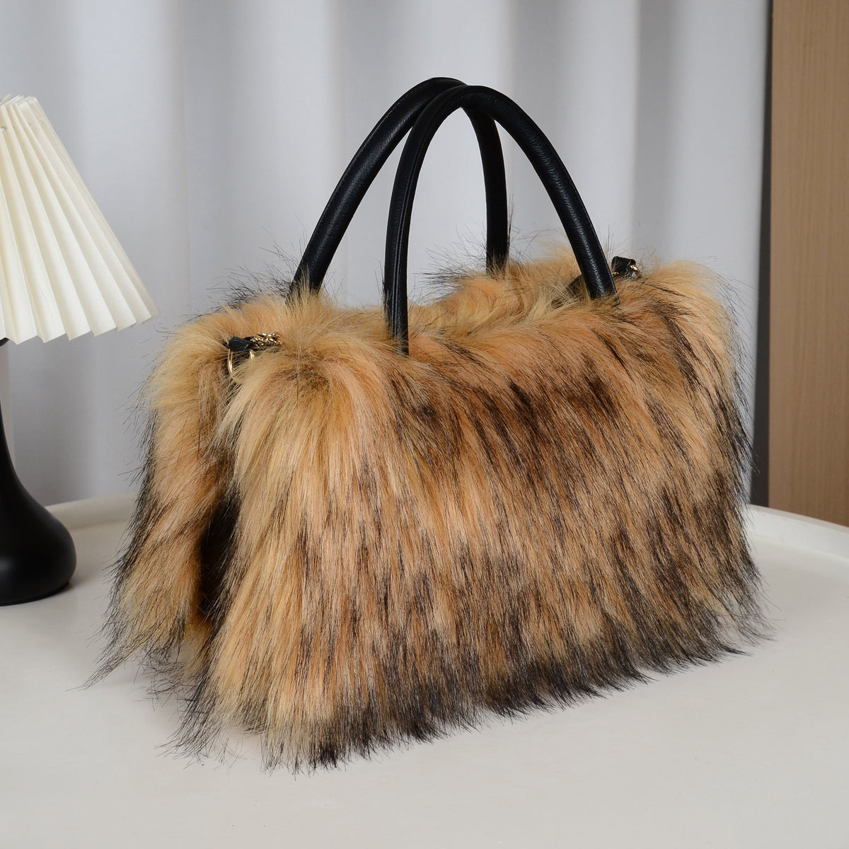 Fluffy Faux Fur Top Handle Shoulder Bag - Brown - 4