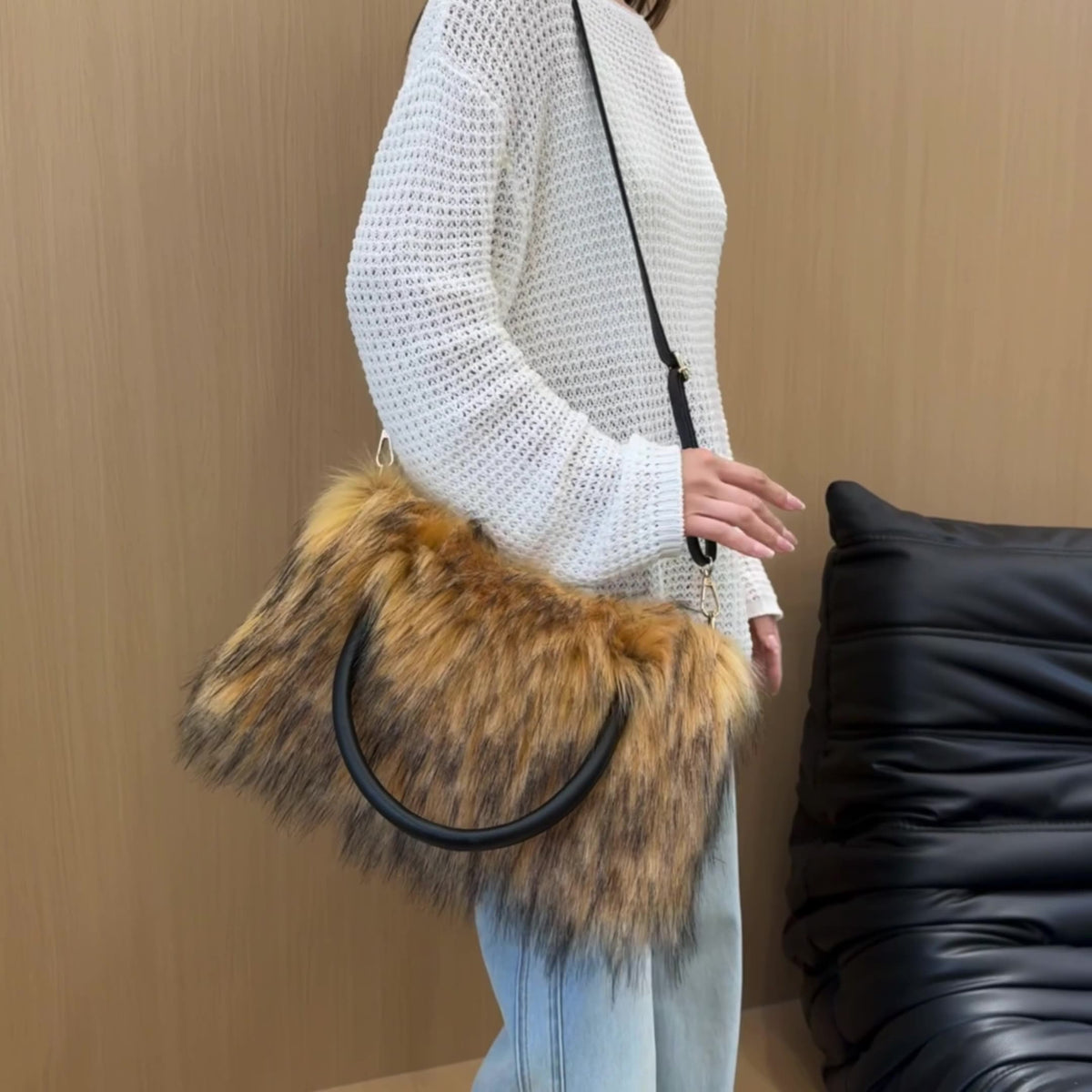 Fluffy Faux Fur Top Handle Shoulder Bag - Brown - 5