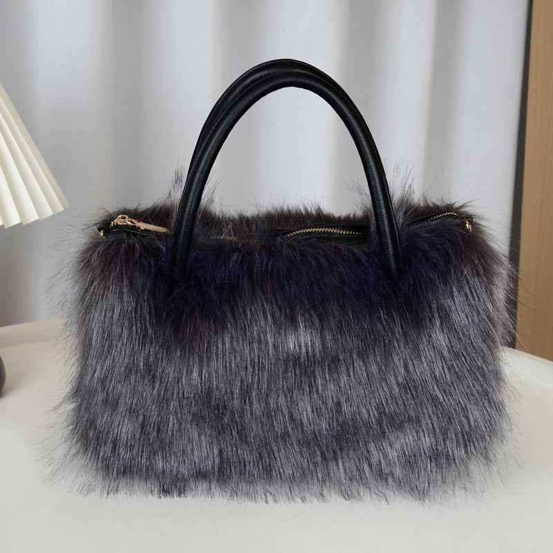 Fluffy Faux Fur Top Handle Shoulder Bag - DarkGray