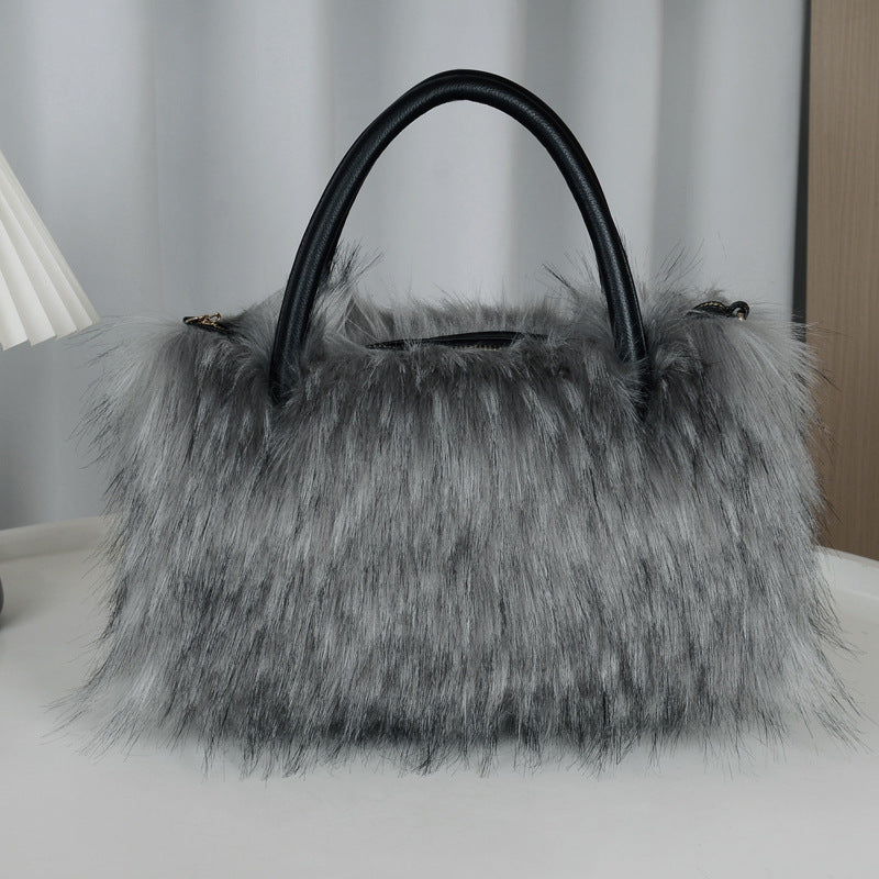 Fluffy Faux Fur Top Handle Shoulder Bag - Gray