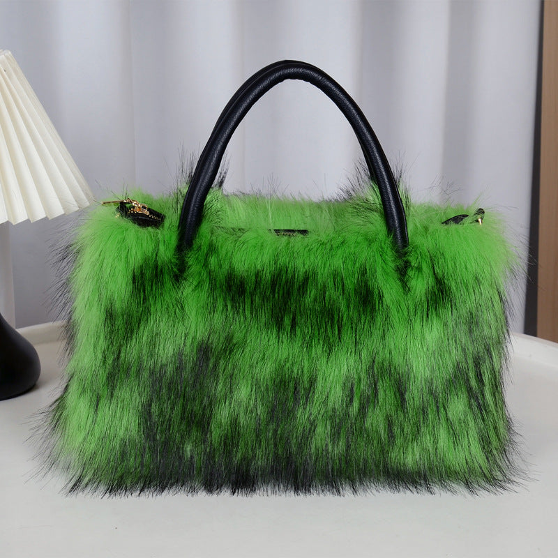 Fluffy Faux Fur Top Handle Shoulder Bag - Green
