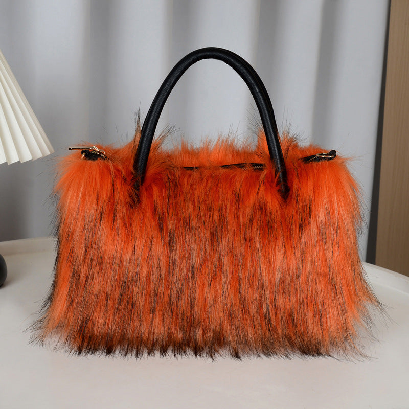 Fluffy Faux Fur Top Handle Shoulder Bag - Orange