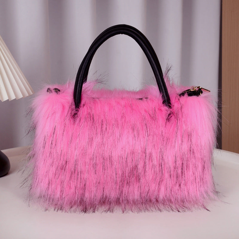 Fluffy Faux Fur Top Handle Shoulder Bag - Pink