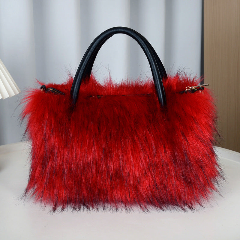 Fluffy Faux Fur Top Handle Shoulder Bag - Red