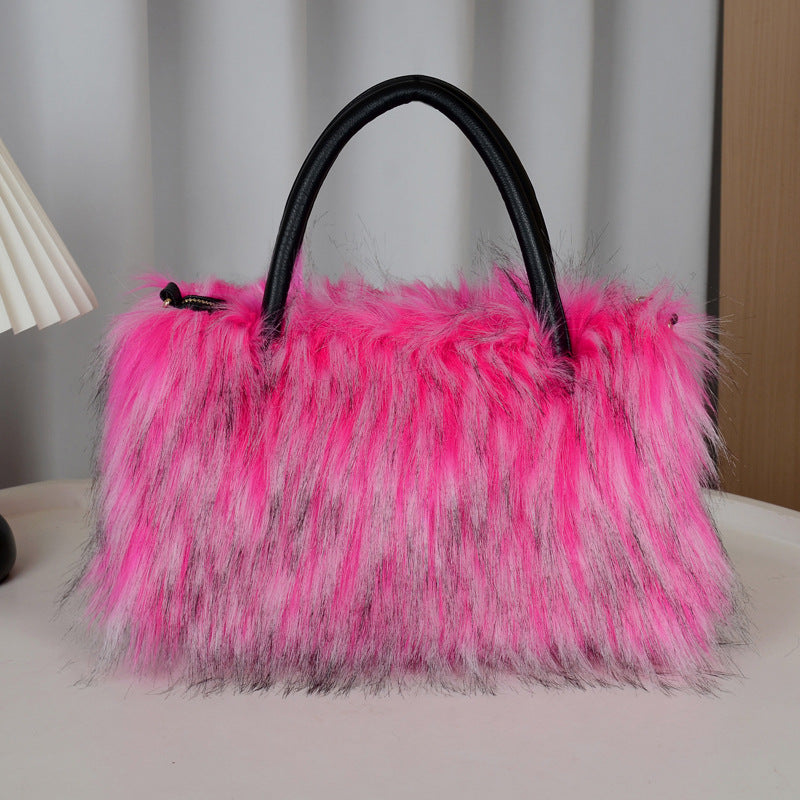 Fluffy Faux Fur Top Handle Shoulder Bag - Rose_Red