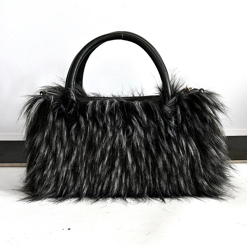 Fluffy Faux Fur Top Handle Shoulder Bag - WBlack