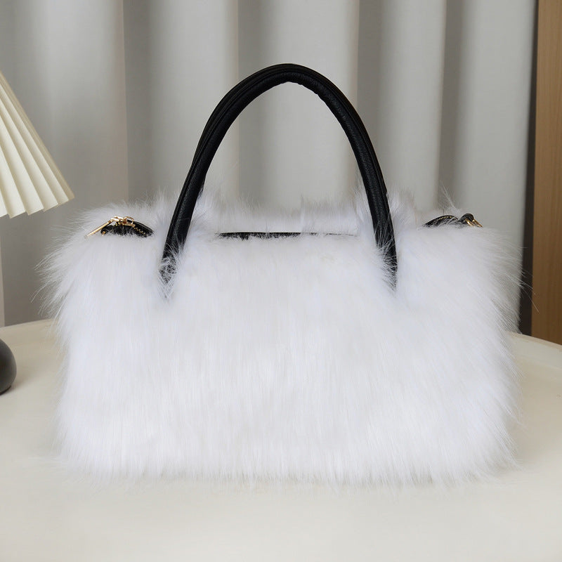 Fluffy Faux Fur Top Handle Shoulder Bag - White