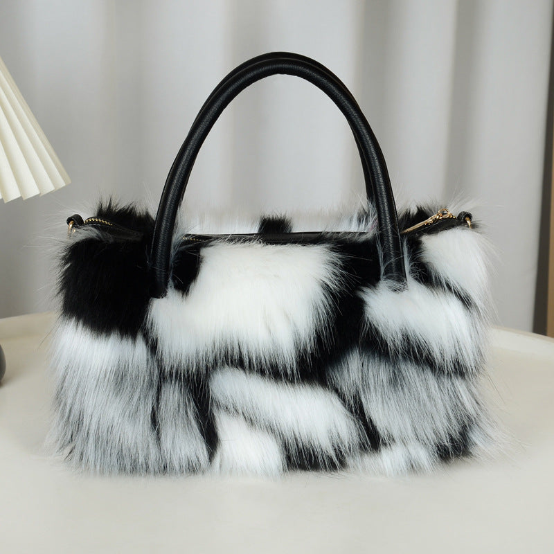Fluffy Faux Fur Top Handle Shoulder Bag - Zebra