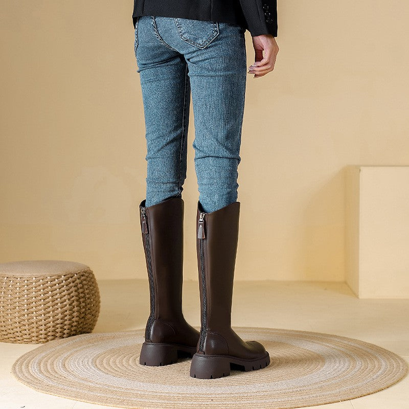 Lug Sole Knee High Riding Boots - Brown Wide Calf