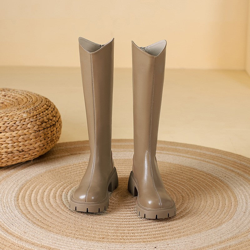 Lug Sole Knee High Riding Boots - Taupe Wide Calf