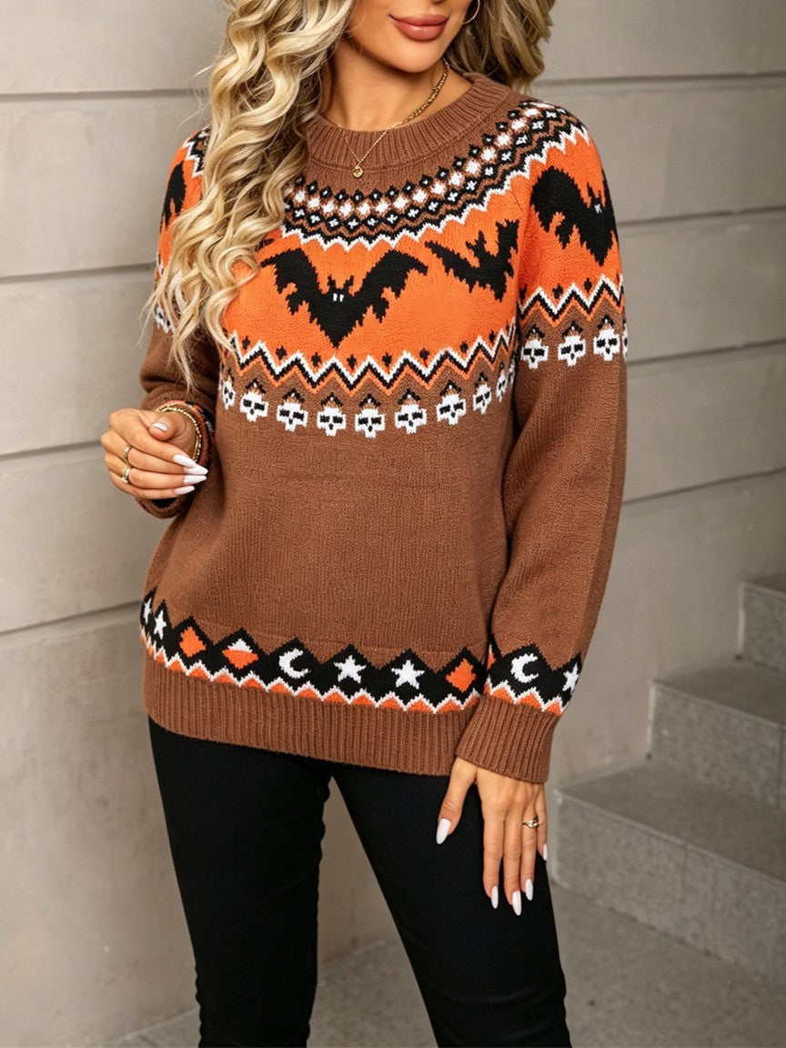 Bat And Skull Fair Isle Knit Sweater - Camel