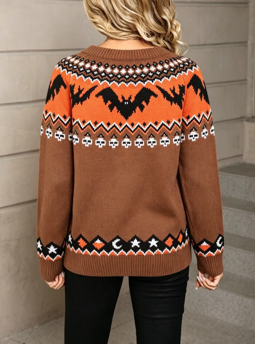 Bat And Skull Fair Isle Knit Sweater - Camel - 3