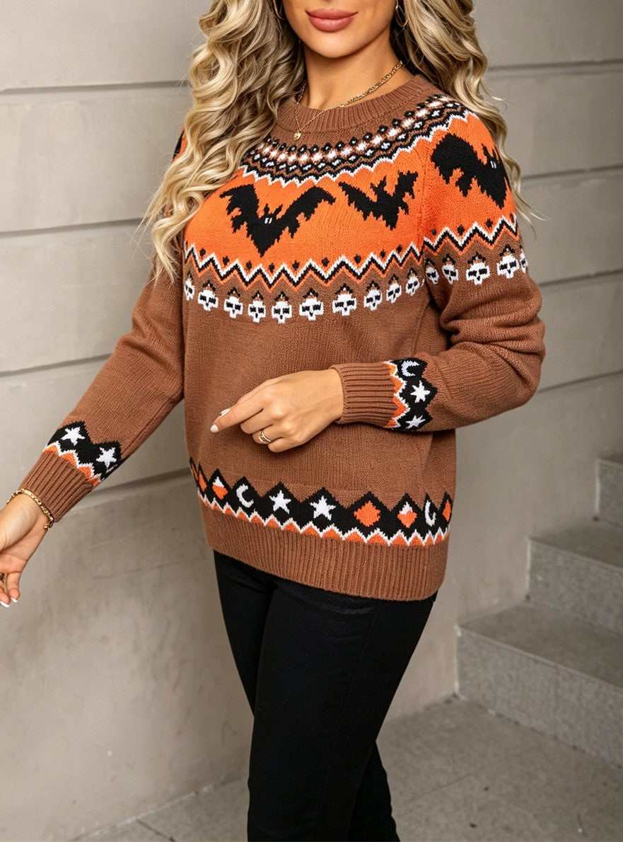 Bat And Skull Fair Isle Knit Sweater - Camel - 4