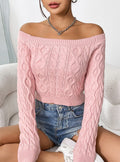 Off Shoulder Cable Knit Cropped Sweater - Pink