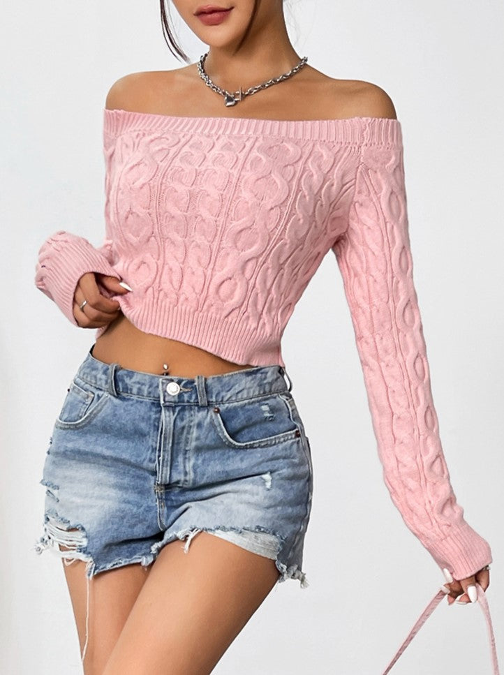 Off Shoulder Cable Knit Cropped Sweater - Pink - 3