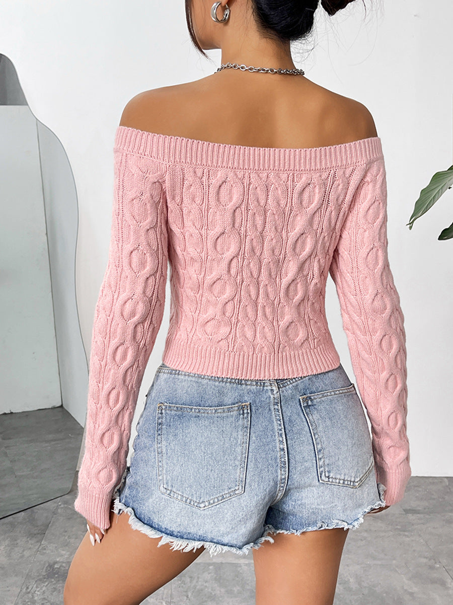 Off Shoulder Cable Knit Cropped Sweater - Pink - 4