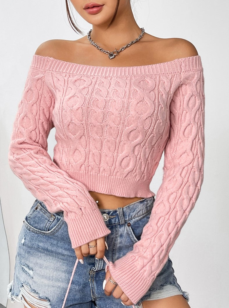 Off Shoulder Cable Knit Cropped Sweater - view 1