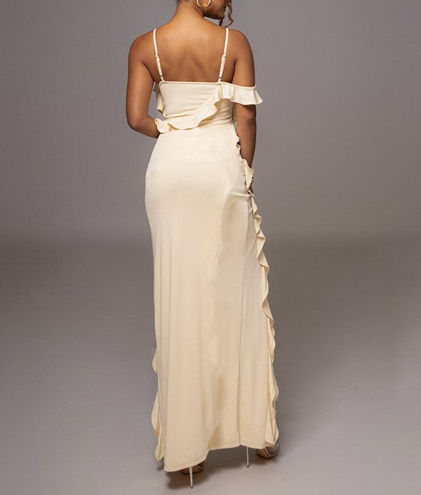 Cascading Ruffle High Slit Maxi Gown - Apricot - 1