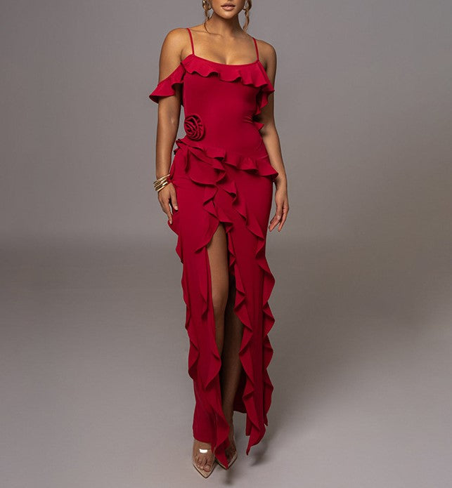 Cascading Ruffle High Slit Maxi Gown - Red