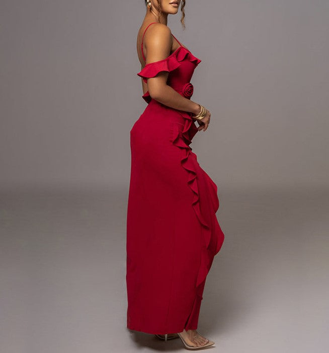 Cascading Ruffle High Slit Maxi Gown - Red - 1