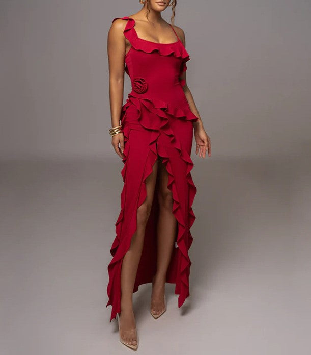 Cascading Ruffle High Slit Maxi Gown - Red - 4
