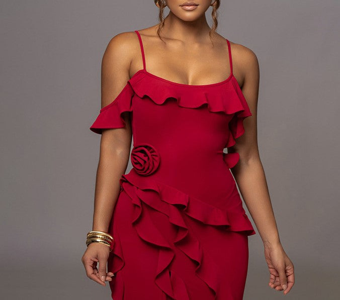 Cascading Ruffle High Slit Maxi Gown - Red - 5