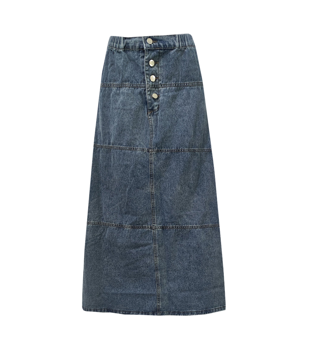 Button Front Paneled Denim Maxi Skirt - Blue - 1