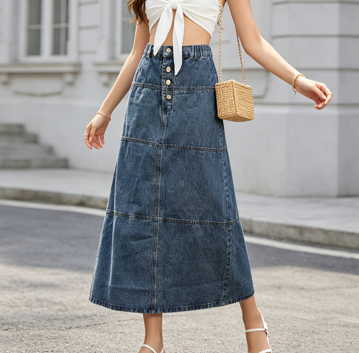 Button Front Paneled Denim Maxi Skirt - Blue - 2
