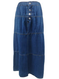 Button Front Paneled Denim Maxi Skirt - DarkBlue