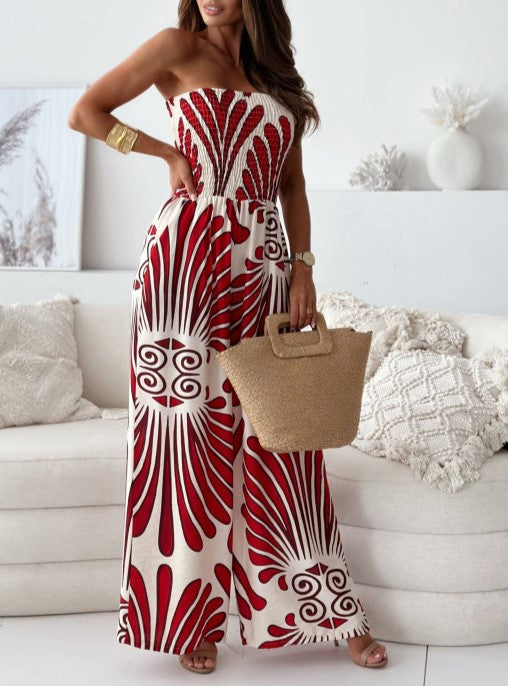 Bandeau Wide Leg Printed Jumpsuit - Red