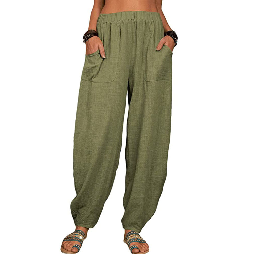 Relaxed Cotton Harem Pants With Pockets - ArmyGreen