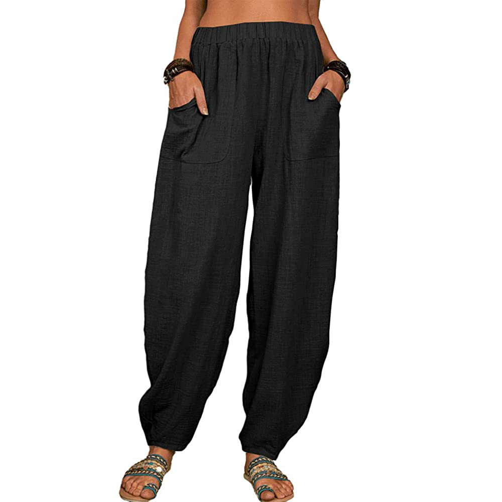 Relaxed Cotton Harem Pants With Pockets - Black