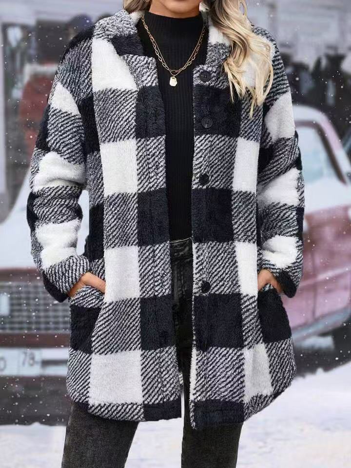 Buffalo Plaid Hooded Fleece Shacket - Black - 1
