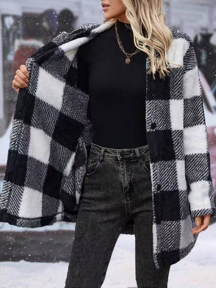 Buffalo Plaid Hooded Fleece Shacket - Black - 2