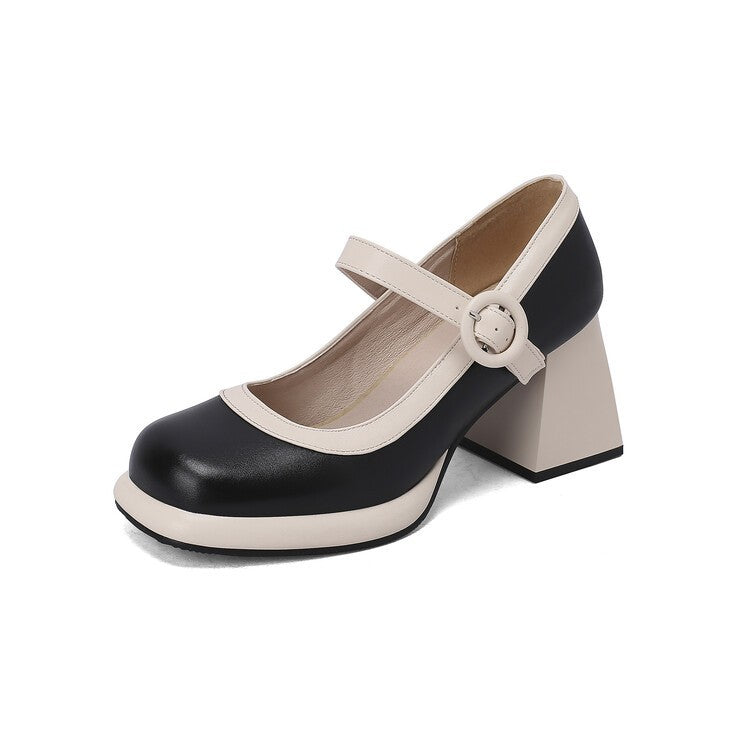 Two Tone Mary Jane Block Heel Pumps