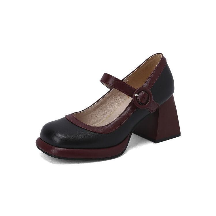 Two Tone Mary Jane Block Heel Pumps