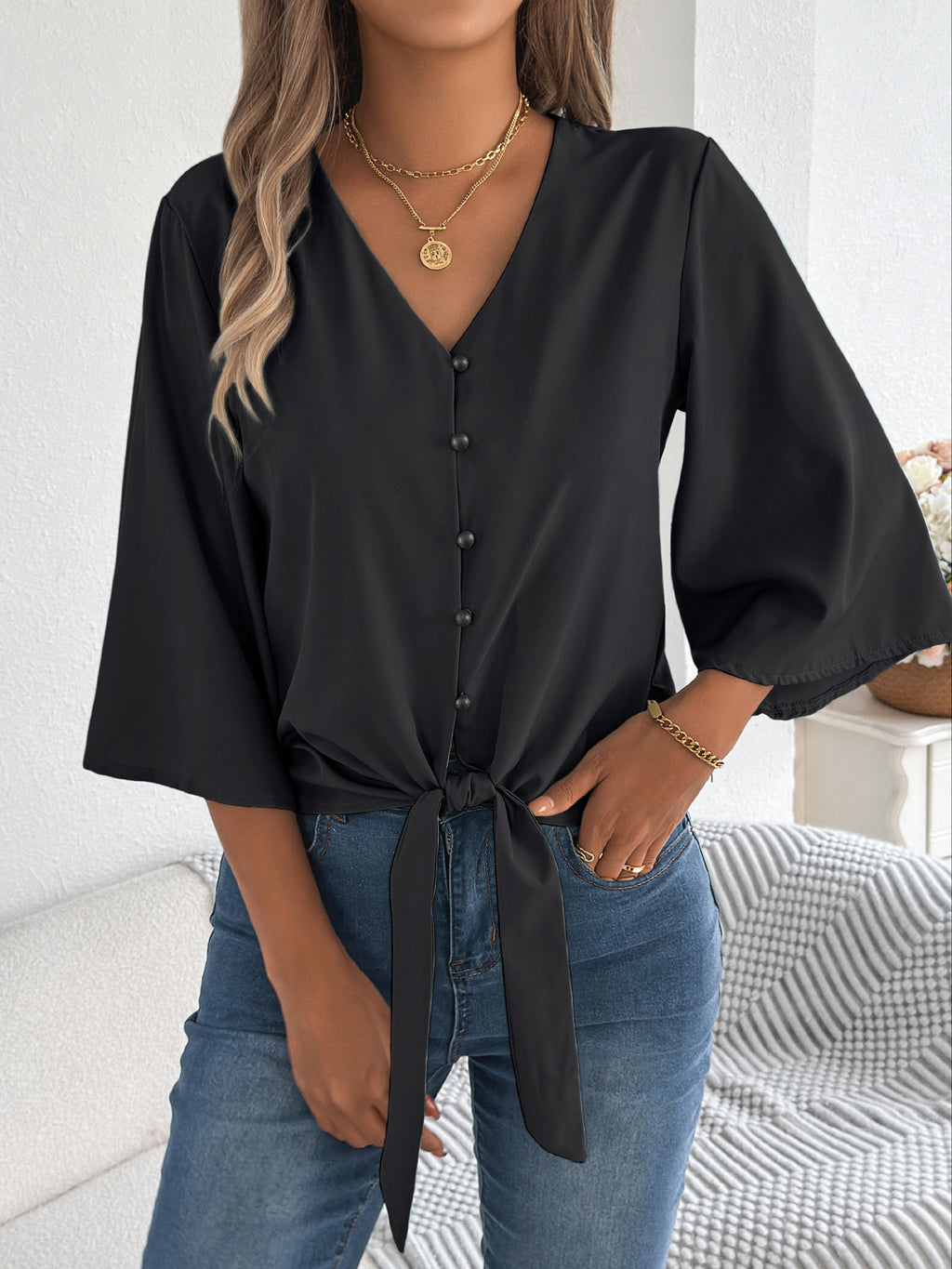 Tie Hem Flare Sleeve Chiffon Blouse - Black