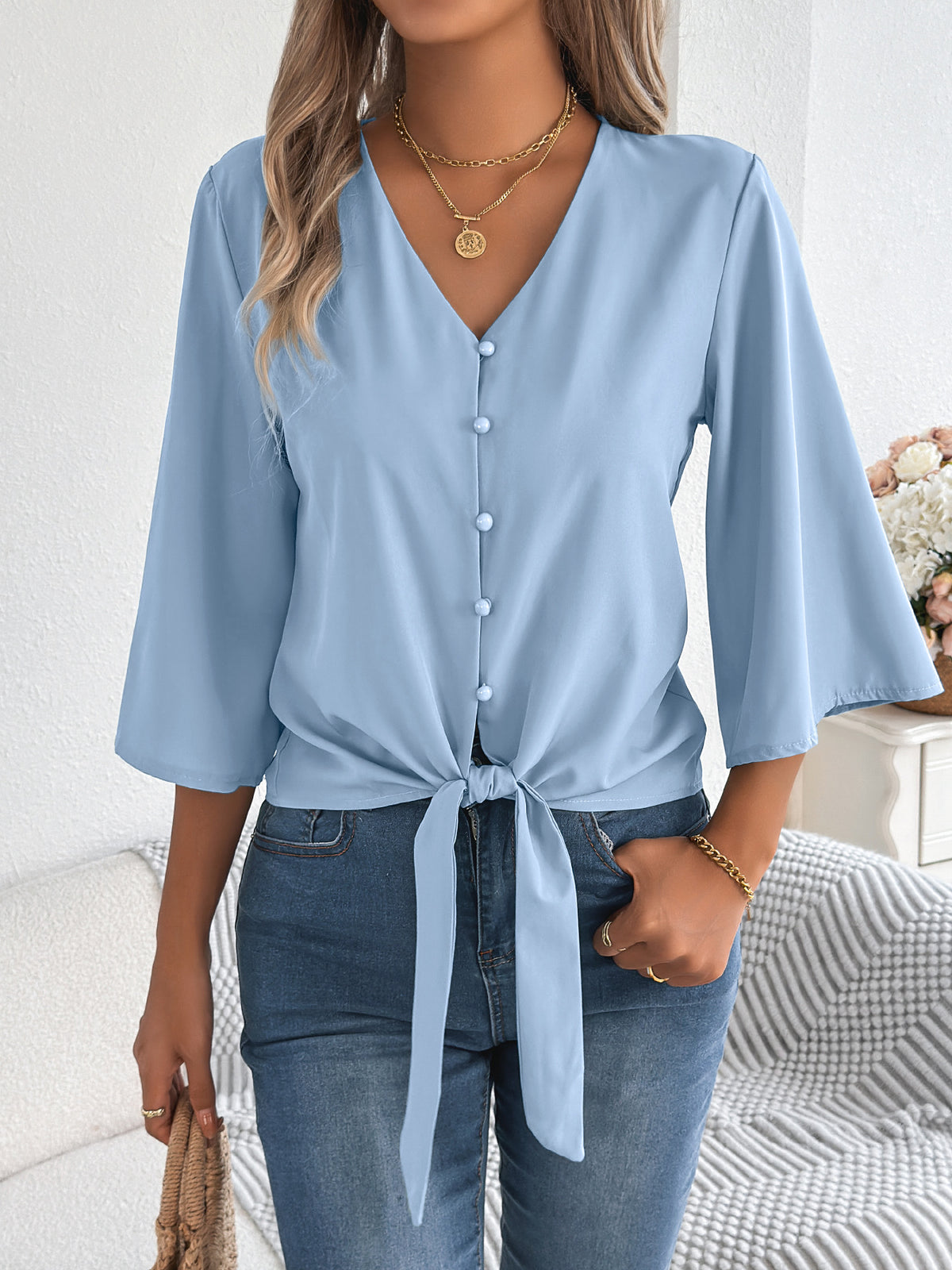 Tie Hem Flare Sleeve Chiffon Blouse - Blue