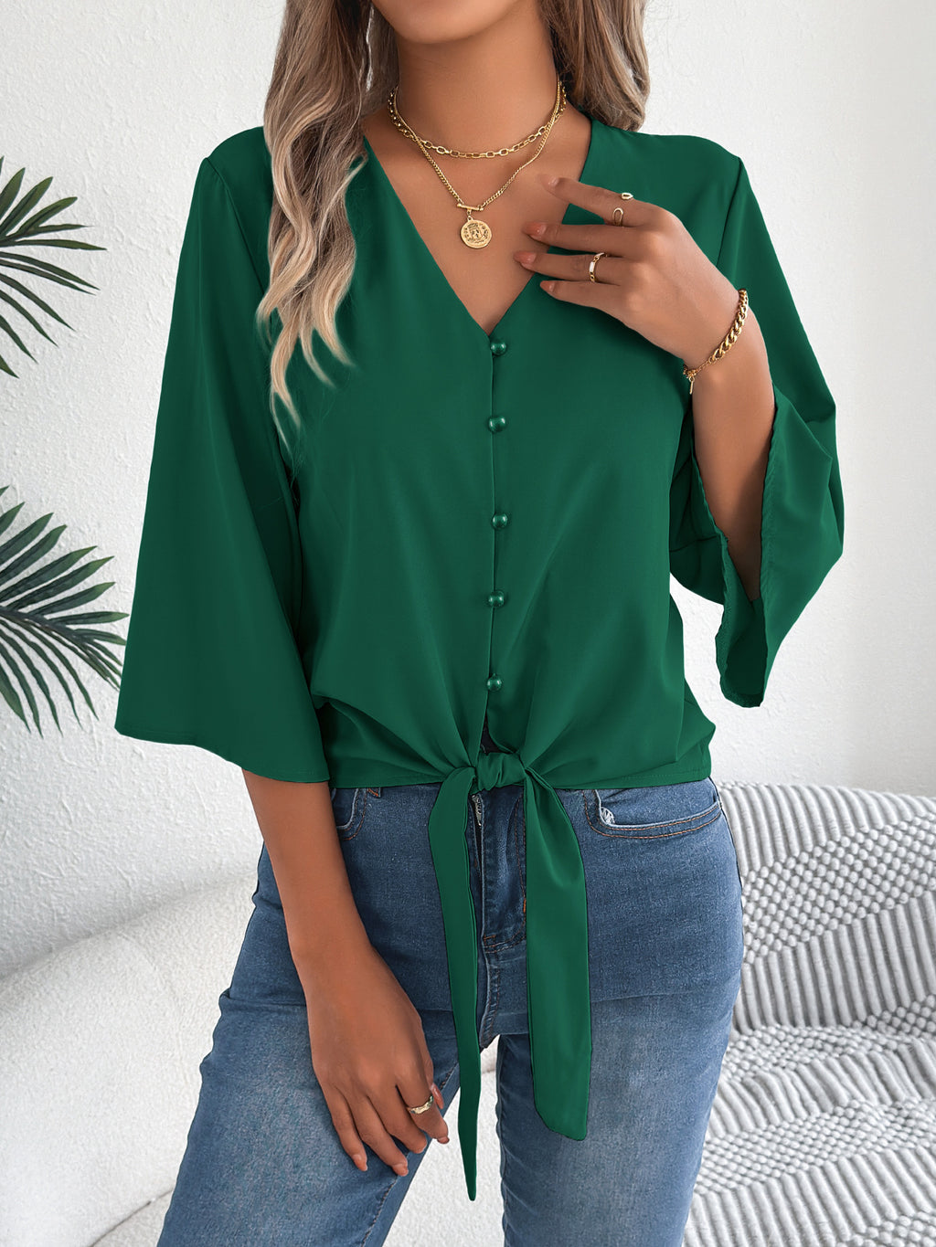 Tie Hem Flare Sleeve Chiffon Blouse - Green