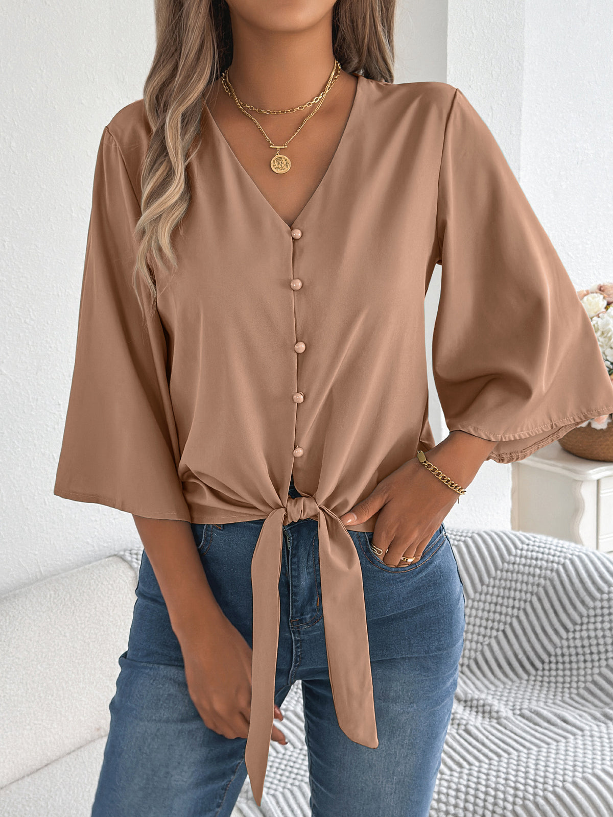 Tie Hem Flare Sleeve Chiffon Blouse - Khaki