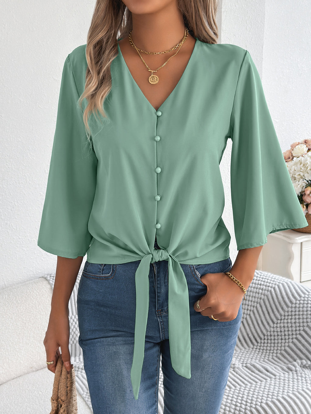 Tie Hem Flare Sleeve Chiffon Blouse - Mint
