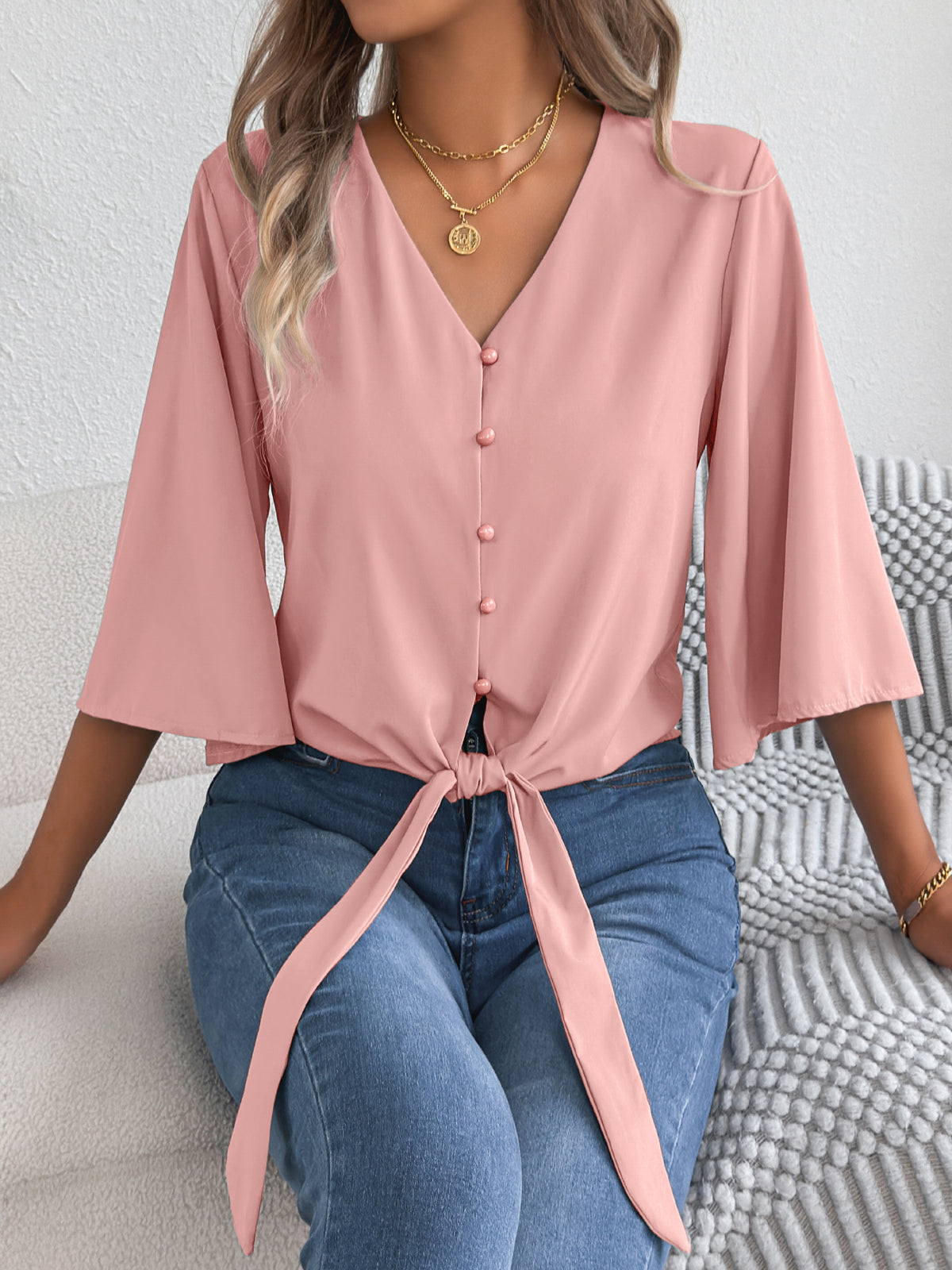 Tie Hem Flare Sleeve Chiffon Blouse - Pink