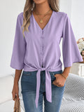 Tie Hem Flare Sleeve Chiffon Blouse - Purple
