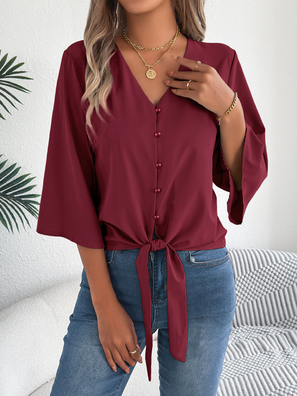 Tie Hem Flare Sleeve Chiffon Blouse - Winered