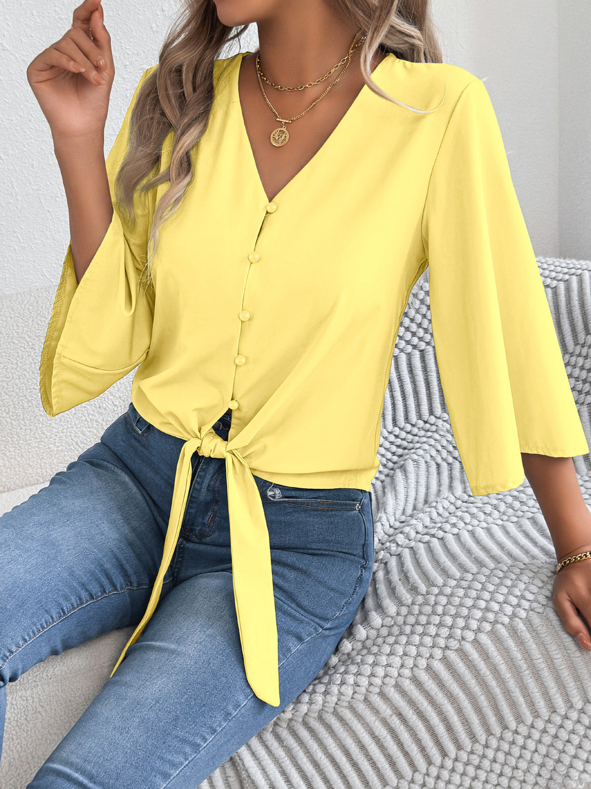 Tie Hem Flare Sleeve Chiffon Blouse - Yellow