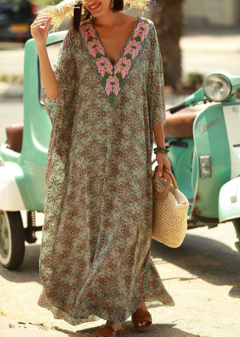 Embroidered V Neck Beach Kaftan Kimono - Printed